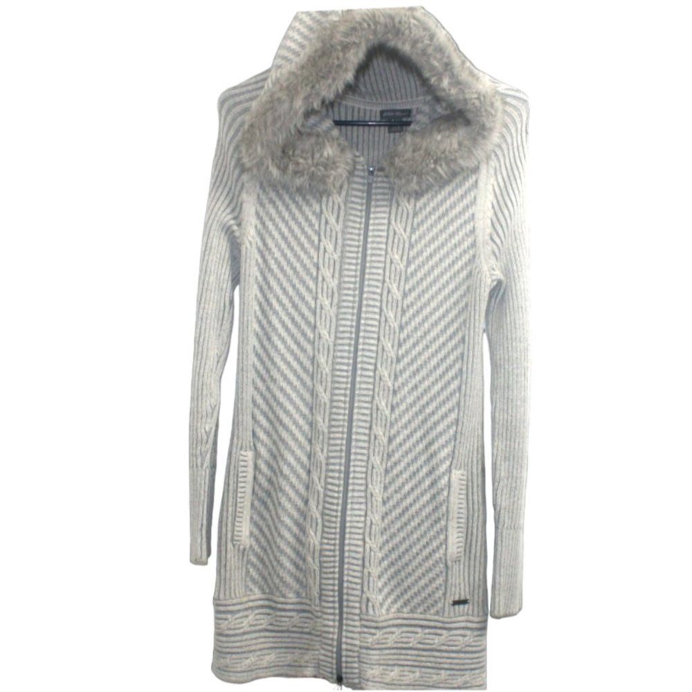 Eddie Bauer Cable Knit Knee-Length Grey Sweater with Faux Fur Hood Size S